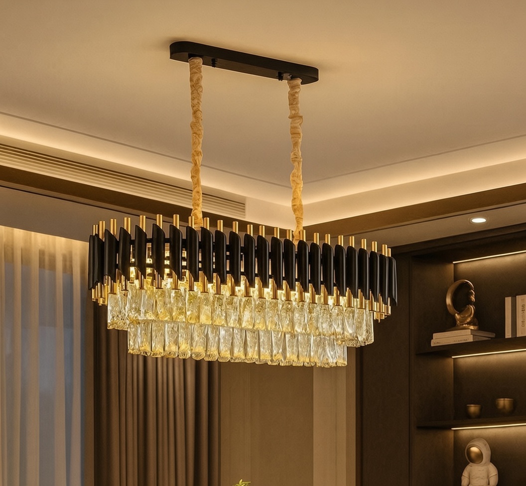 black-and-gold rectangular crystal chandelier